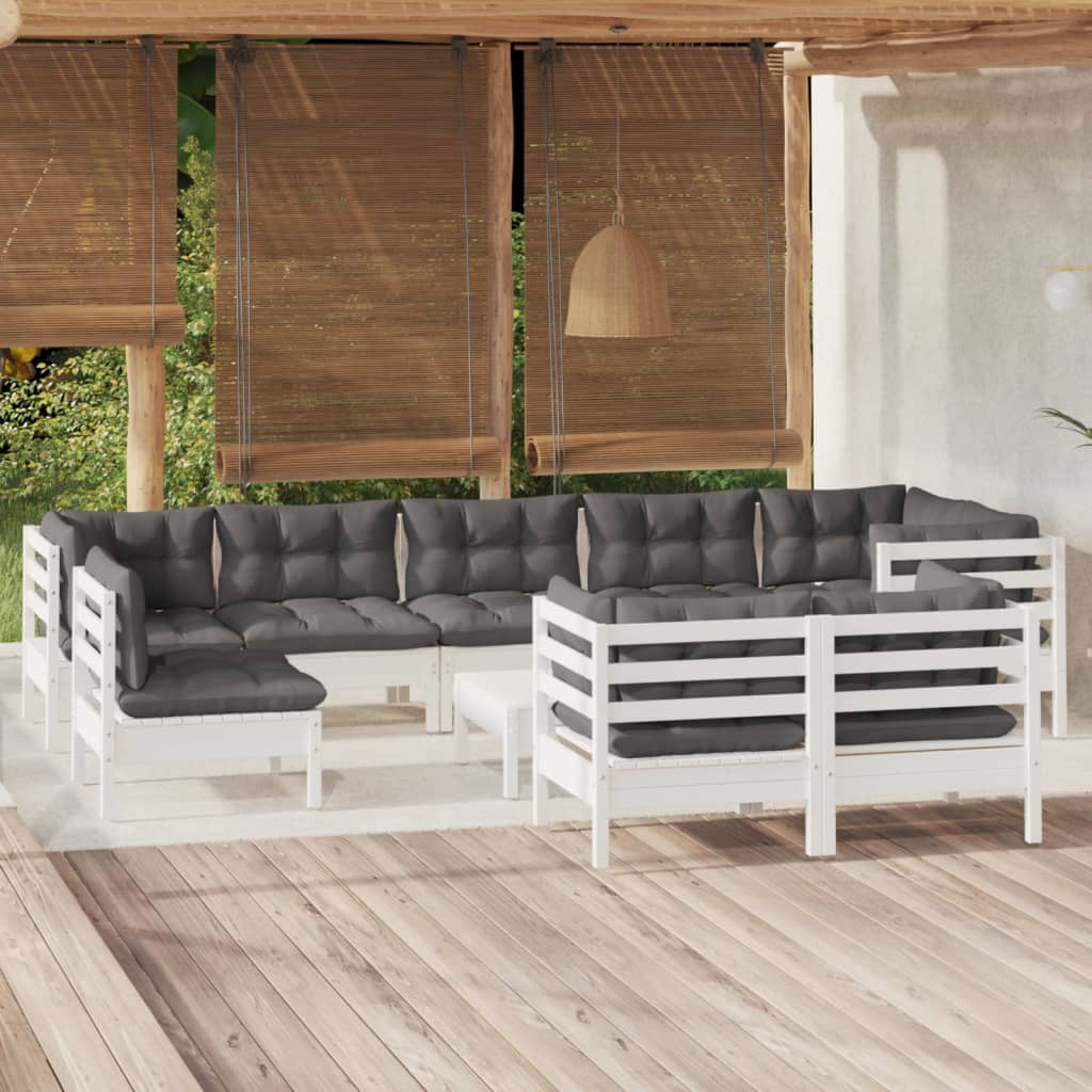 10-tlg. Garten-Lounge-Set mit Kissen Weiss Kiefer Massivholz